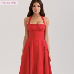 House of CB Claudia Dress - Red Stretch Cotton Button Halter Neck Midi Dress